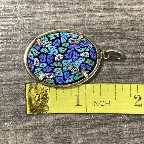 Vintage Murano Millefiori Floral Glass Oval 800 Silver Pendant - Picture 6 of 7